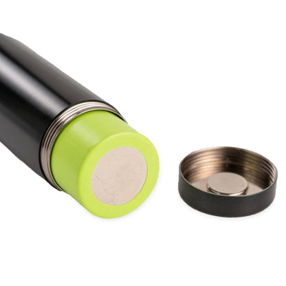 a green pepper grinder next to a black pepper grinder