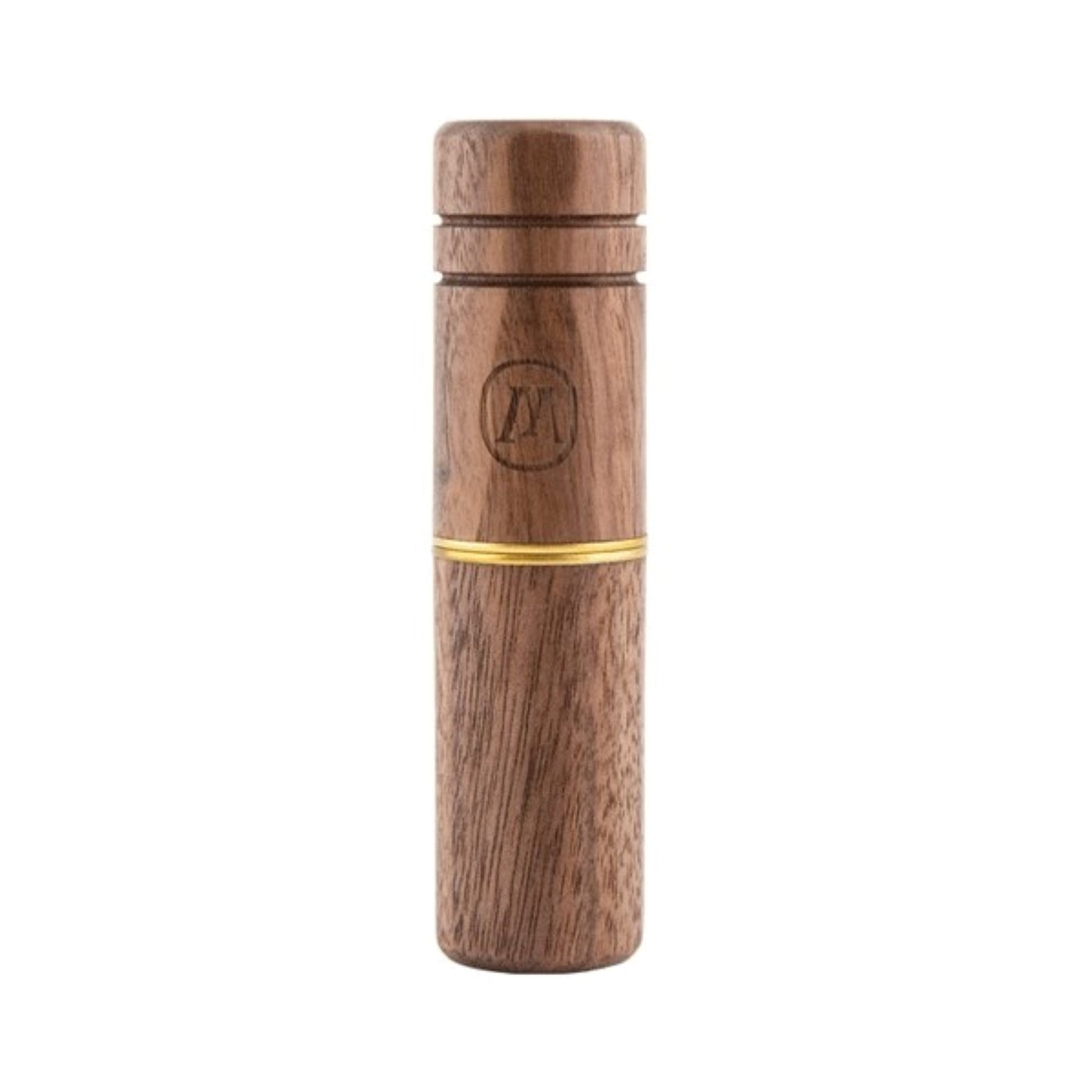 a wooden bottle with a gold stripe around it