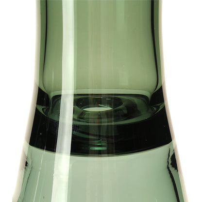 a green vase with a black top and bottom