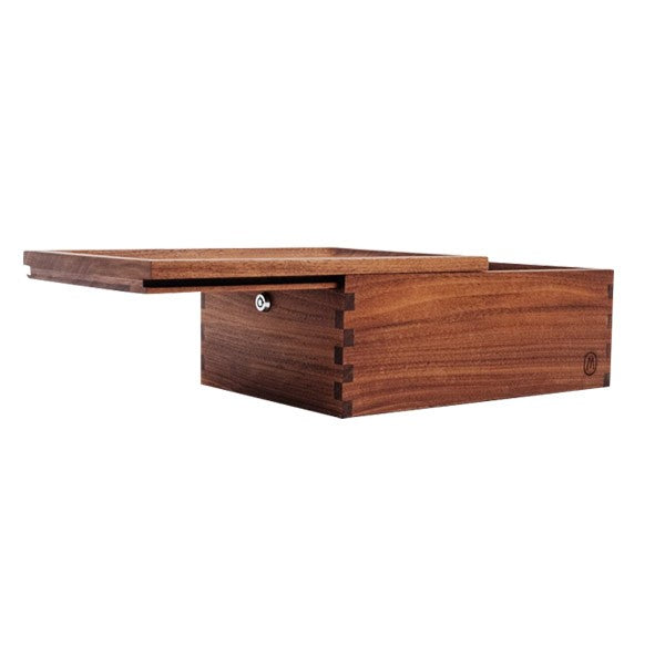 a wooden desk with a drawer on top of it