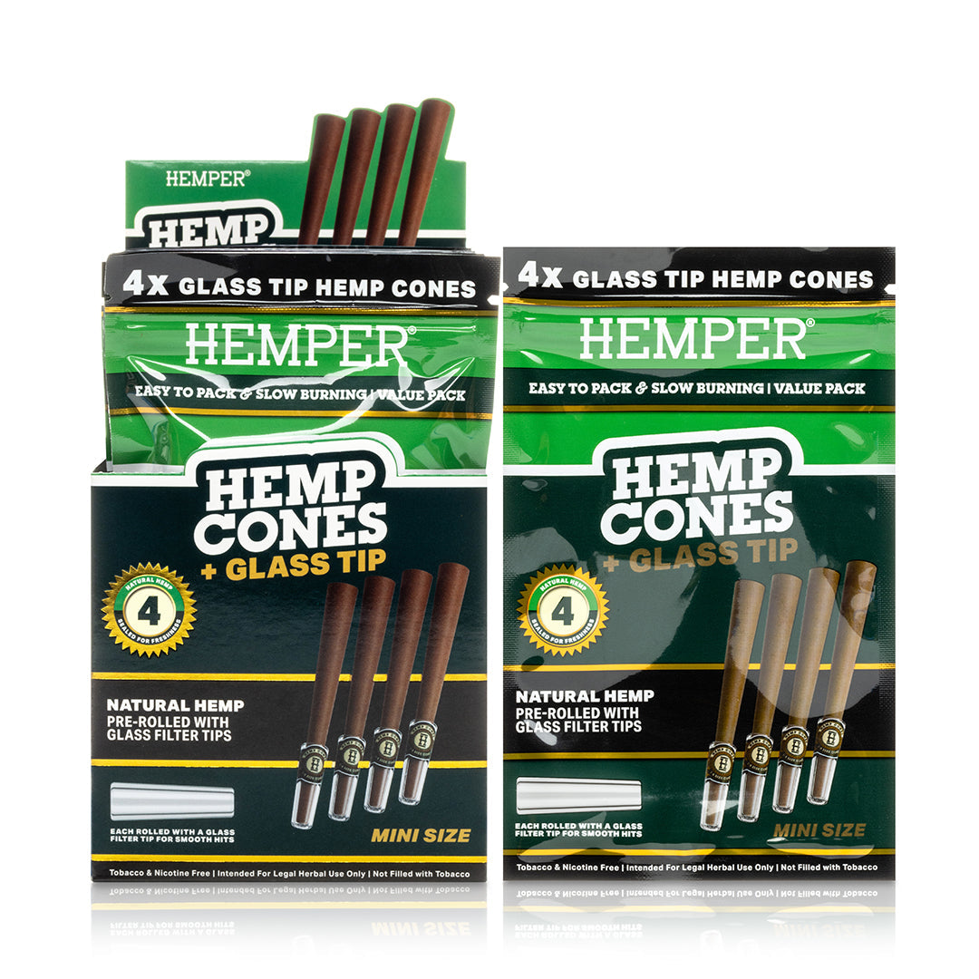 Pre-Rolled 4PK Mini Size Glass Tipped Hemp Cones | 12ct Display
