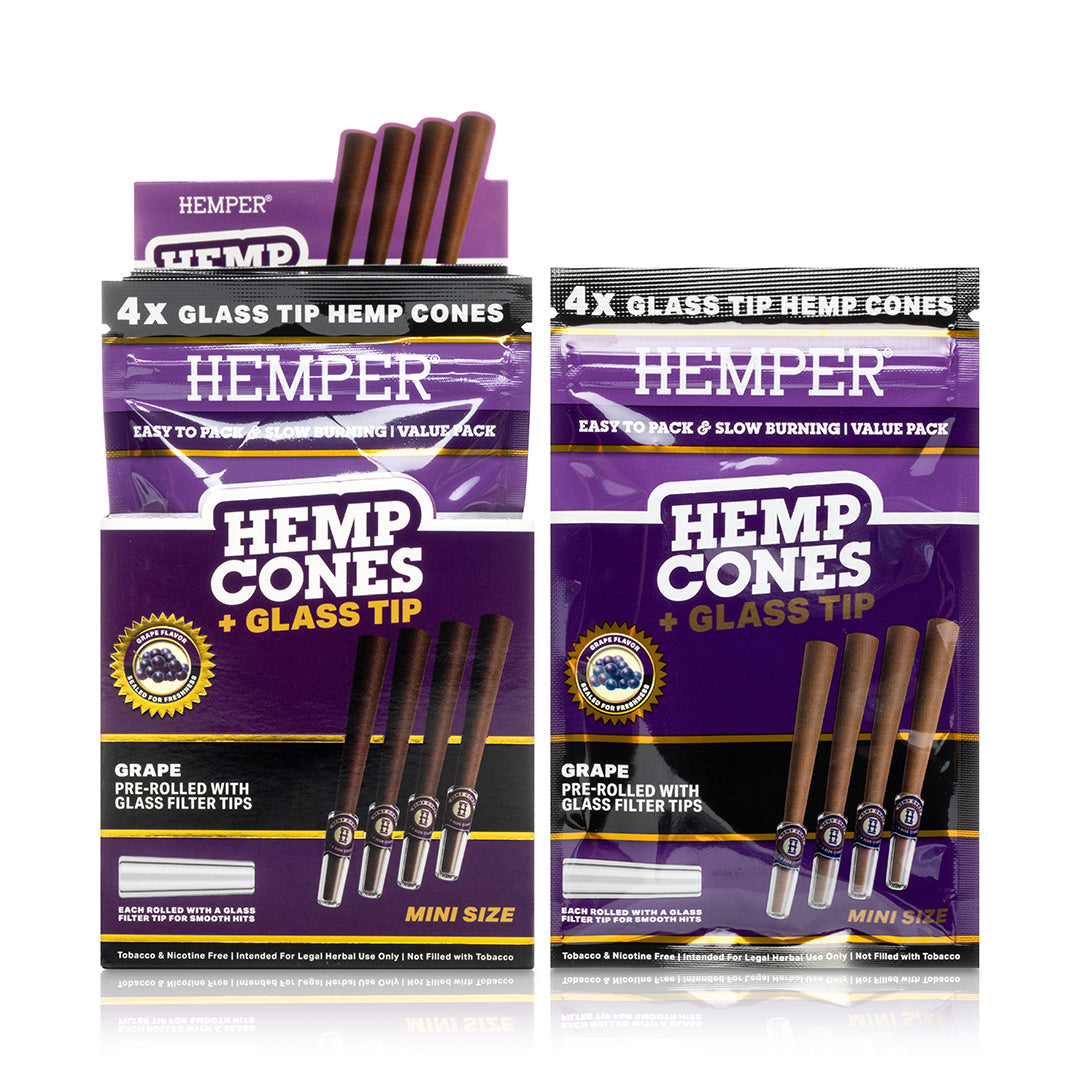 Pre-Rolled 4PK Mini Size Glass Tipped Hemp Cones | 12ct Display