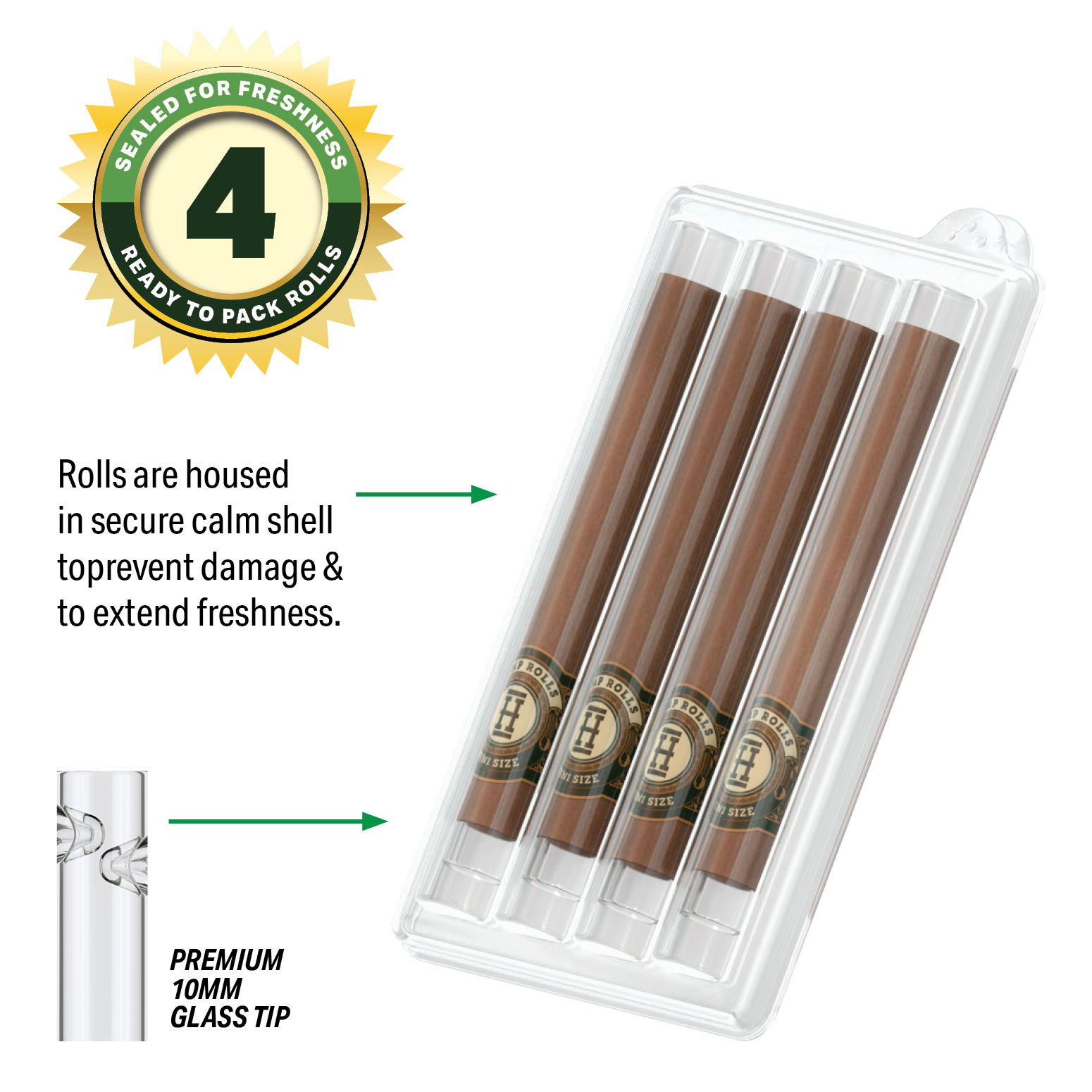 Pre-Rolled Mini Size Glass Tipped Hemp Rolls | 4PK Display